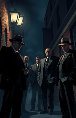 A mystique and stylish mafia scene, featuring a group of dapper mobsters in tailored suits, standing under a dimly lit streetlamp at night