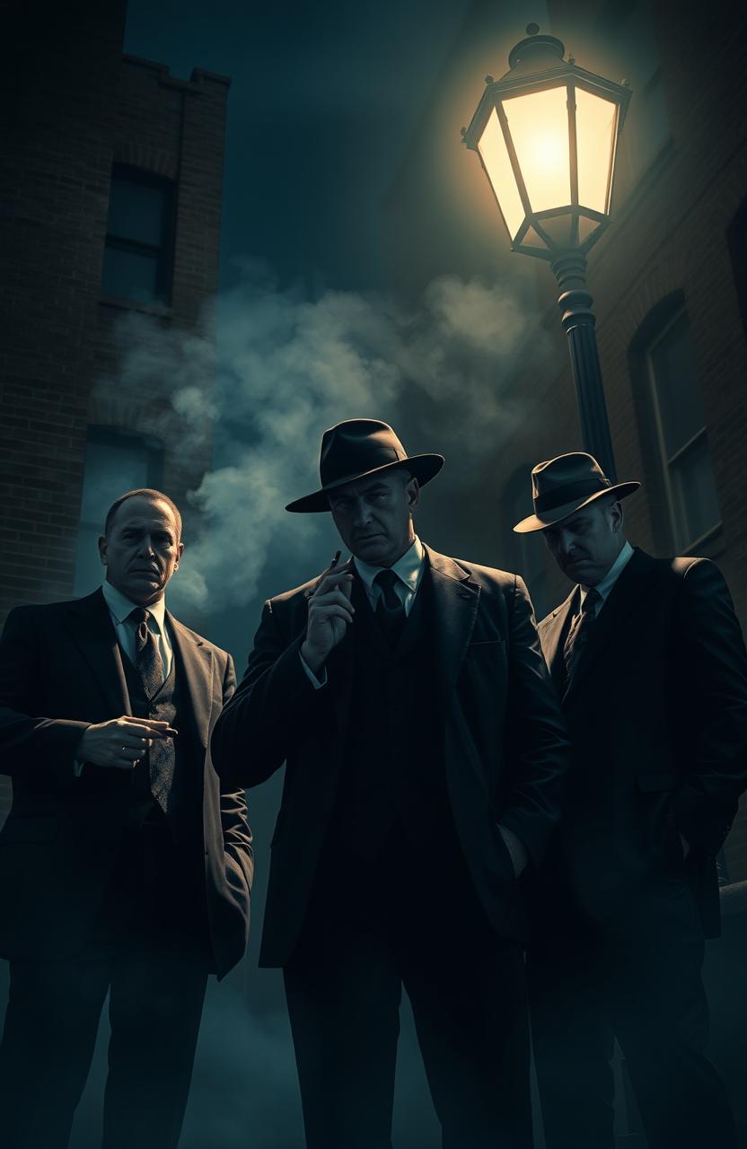 A mystique and stylish mafia scene, featuring a group of dapper mobsters in tailored suits, standing under a dimly lit streetlamp at night