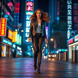 A stylish young woman walking through a vibrant city at night, illuminated by colorful neon signs and street lights