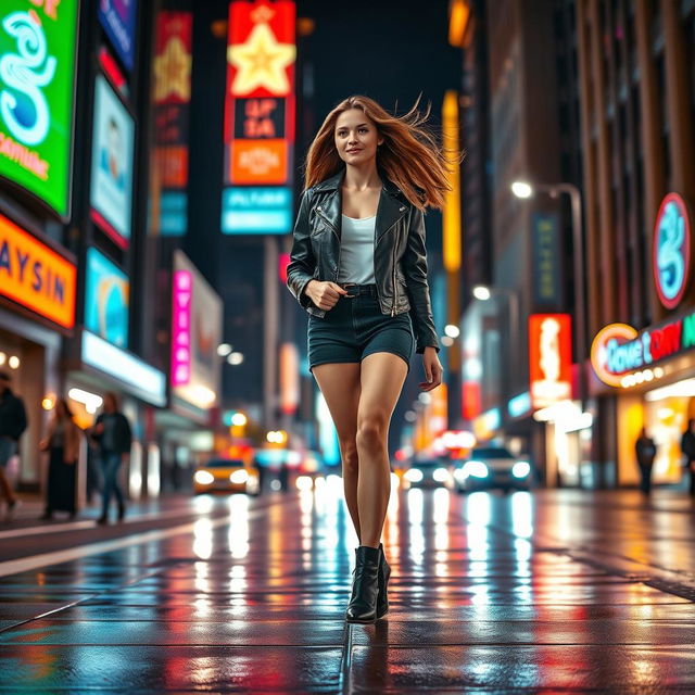 A stylish young woman walking through a vibrant city at night, illuminated by colorful neon signs and street lights