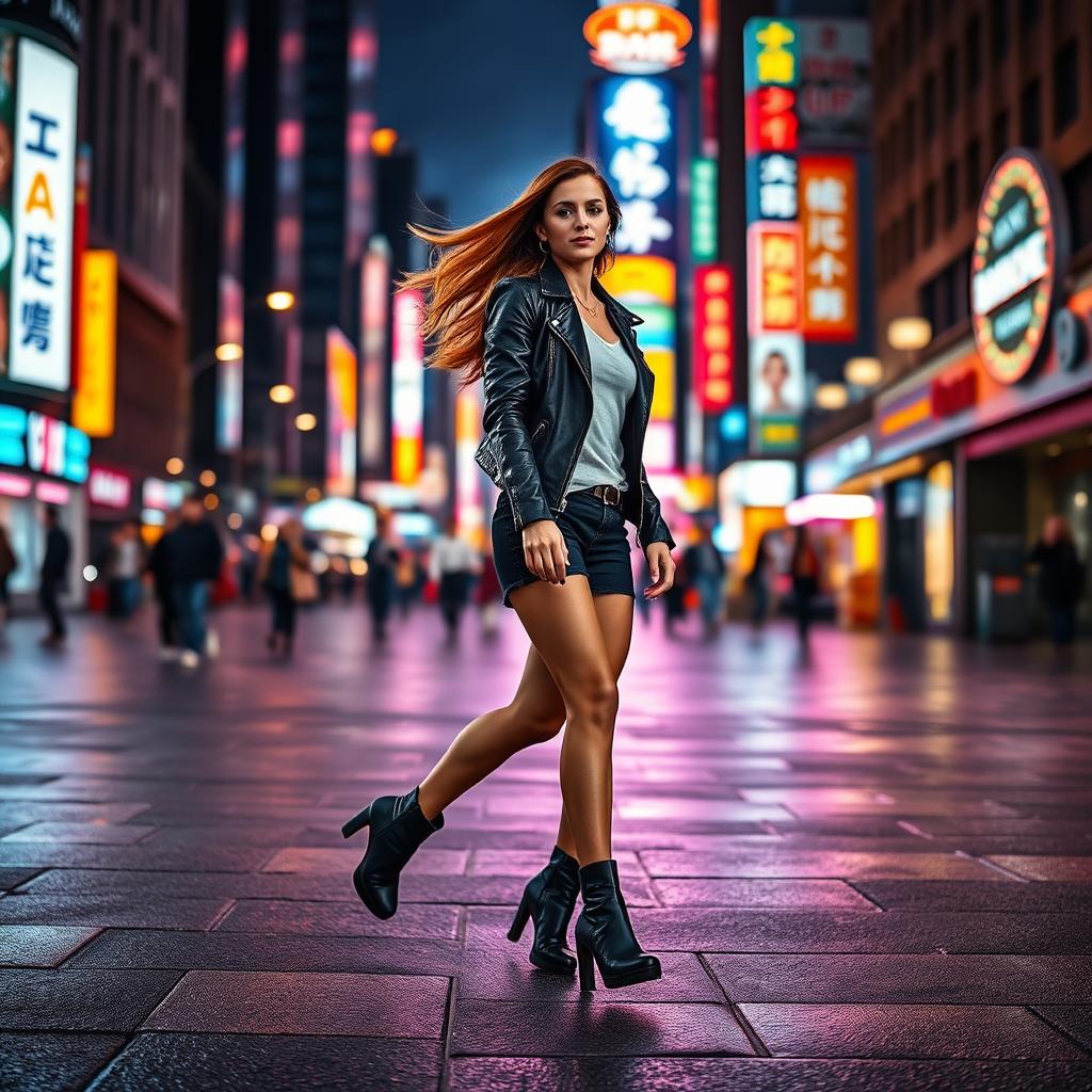 A stylish young woman walking through a vibrant city at night, illuminated by colorful neon signs and street lights