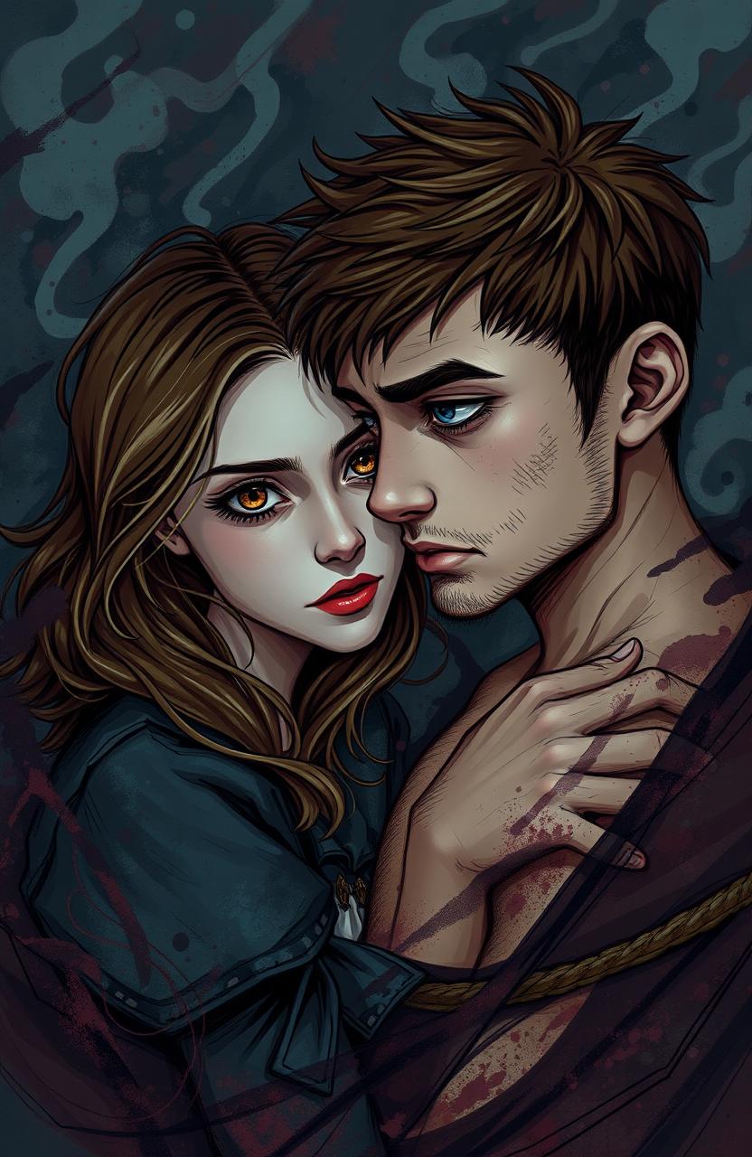 A passionate scene depicting a girl with brown eyes and brown hair featuring subtle blonde highlights, and a boy with brown eyes and very thin, short brown hair