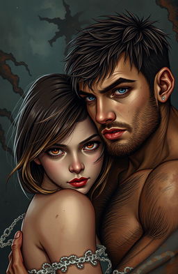 A passionate scene depicting a girl with brown eyes and brown hair featuring subtle blonde highlights, and a boy with brown eyes and very thin, short brown hair