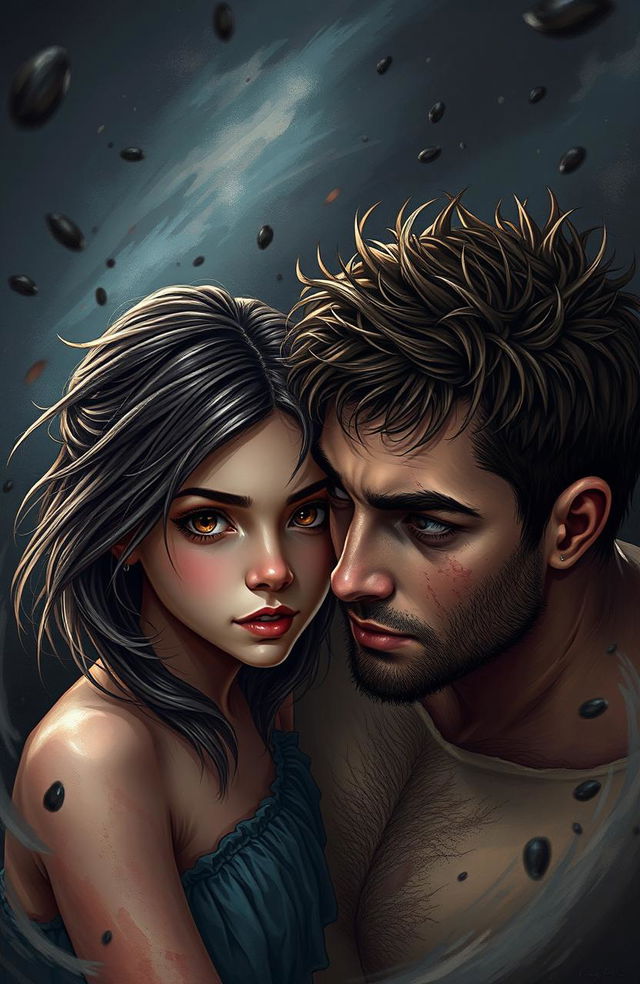 A passionate scene depicting a girl with brown eyes and brown hair featuring subtle blonde highlights, and a boy with brown eyes and very thin, short brown hair