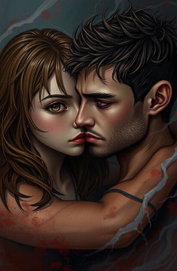 A passionate scene depicting a girl with brown eyes and brown hair featuring subtle blonde highlights, and a boy with brown eyes and very thin, short brown hair