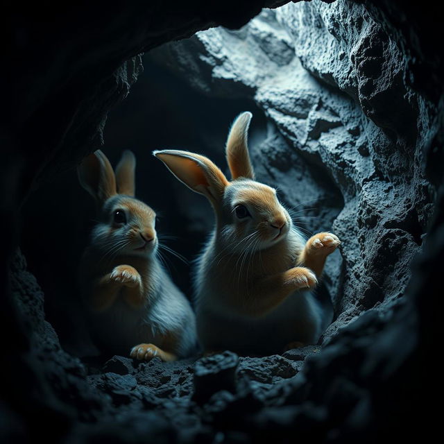 An enchanting portrayal of Bedjork, cave-dwelling rabbits that thrive in the pitch darkness of their rocky habitat