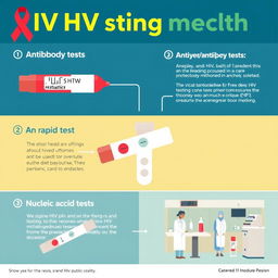 A comprehensive infographic displaying different types of HIV testing methods, including: 1) Antibody tests: showing a blood sample and results