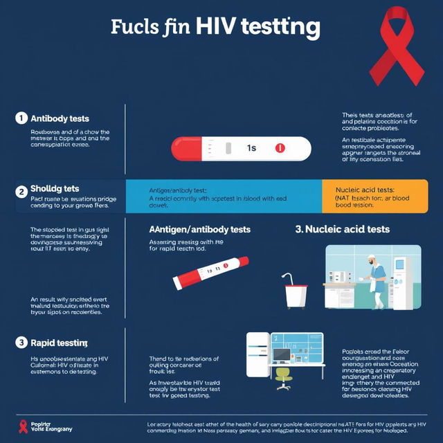 A comprehensive infographic displaying different types of HIV testing methods, including: 1) Antibody tests: showing a blood sample and results