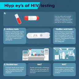 A comprehensive infographic displaying different types of HIV testing methods, including: 1) Antibody tests: showing a blood sample and results