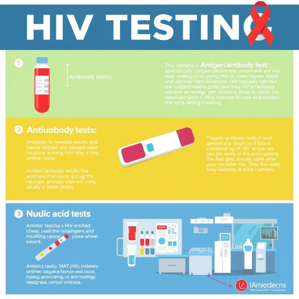 A comprehensive infographic displaying different types of HIV testing methods, including: 1) Antibody tests: showing a blood sample and results