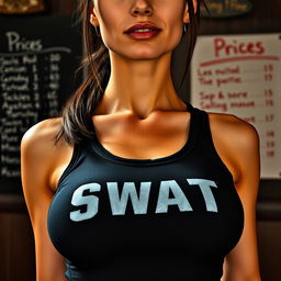 An extreme close-up torso shot of a gorgeous female officer, featuring a brunette with a stylish bottom ponytail