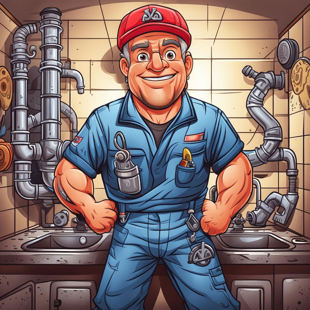 A high-quality, cartoon-style digital art piece depicting a jovial plumber in a residential setting