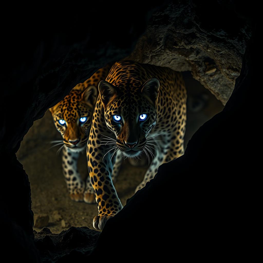 A mesmerizing portrayal of Aghra, cave-dwelling leopards that possess striking ultraviolet eyes, allowing them to see clearly in the dark depths of their rocky habitat