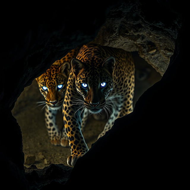 A mesmerizing portrayal of Aghra, cave-dwelling leopards that possess striking ultraviolet eyes, allowing them to see clearly in the dark depths of their rocky habitat