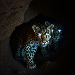 A mesmerizing portrayal of Aghra, cave-dwelling leopards that possess striking ultraviolet eyes, allowing them to see clearly in the dark depths of their rocky habitat