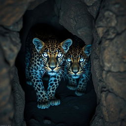 A mesmerizing portrayal of Aghra, cave-dwelling leopards that possess striking ultraviolet eyes, allowing them to see clearly in the dark depths of their rocky habitat
