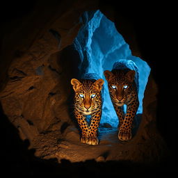 A mesmerizing portrayal of Aghra, cave-dwelling leopards that possess striking ultraviolet eyes, allowing them to see clearly in the dark depths of their rocky habitat