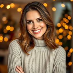 A woman aged between 30 and 45 years, with chestnut brown hair and a European appearance, wearing a stylish and comfortable sweater