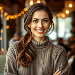 A woman aged between 30 and 45 years, with chestnut brown hair and a European appearance, wearing a stylish and comfortable sweater