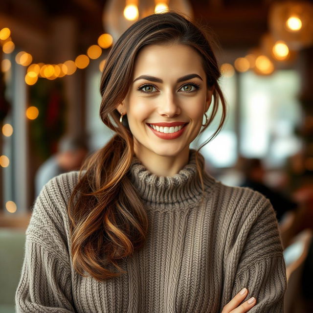 A woman aged between 30 and 45 years, with chestnut brown hair and a European appearance, wearing a stylish and comfortable sweater