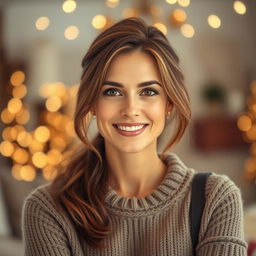 A woman aged between 30 and 45 years, with chestnut brown hair and a European appearance, wearing a stylish and comfortable sweater