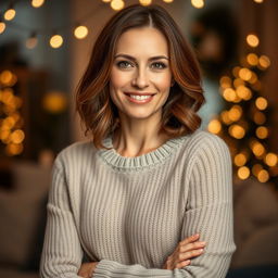 A woman aged between 30 and 45 years, with chestnut brown hair and a European appearance, wearing a stylish and comfortable sweater