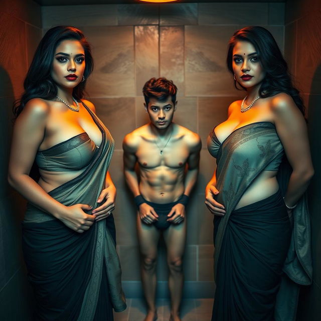 An interrogation room with two attractive, busty, curvy women dressed in alluring sarees