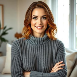 A woman aged between 30 and 45, with chestnut brown hair and a European appearance, dressed in a fashionable and cozy sweater