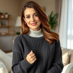 A woman aged between 30 and 45, with chestnut brown hair and a European appearance, dressed in a fashionable and cozy sweater