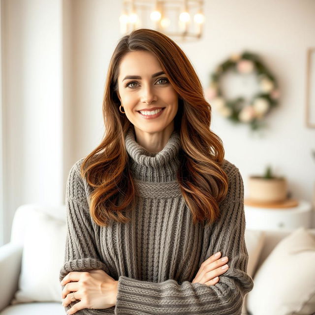 A woman aged between 30 and 45, with chestnut brown hair and a European appearance, dressed in a fashionable and cozy sweater