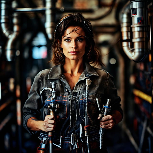 A raw, unedited 200mm photograph of a beautiful woman plumber at work