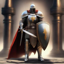 A digital art image of a crusader paladin in full armor, standing tall and imposing