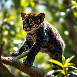 A stunning depiction of a Zhagra, a smaller variant of a leopard distinctively featuring a sleek black coat adorned with striking dark red dots