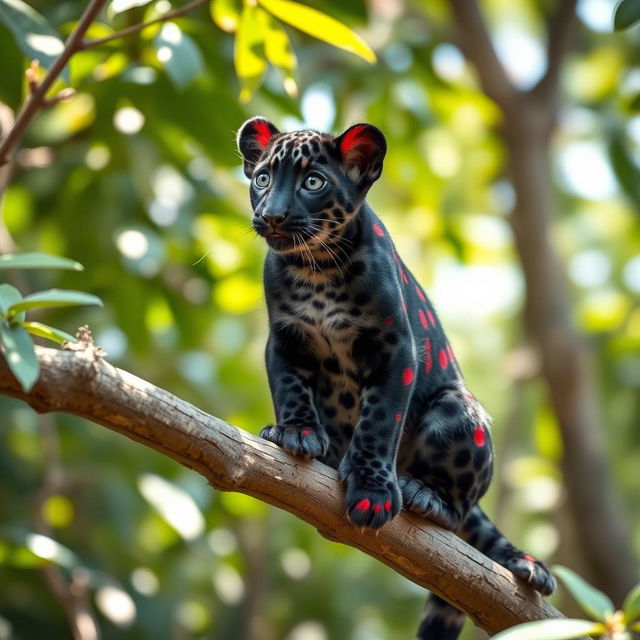 A stunning depiction of a Zhagra, a smaller variant of a leopard distinctively featuring a sleek black coat adorned with striking dark red dots