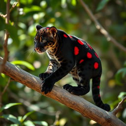 A stunning depiction of a Zhagra, a smaller variant of a leopard distinctively featuring a sleek black coat adorned with striking dark red dots