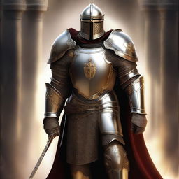 A digital art image of a crusader paladin in full armor, standing tall and imposing