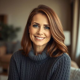 A woman aged 30 to 45, characterized by her chestnut brown hair and distinct European features, wearing a stylish and cozy sweater