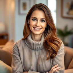 A woman aged 30 to 45, characterized by her chestnut brown hair and distinct European features, wearing a stylish and cozy sweater