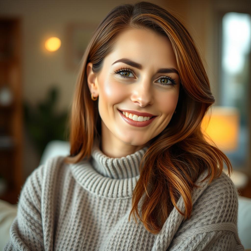 A woman aged 30 to 45, characterized by her chestnut brown hair and distinct European features, wearing a stylish and cozy sweater