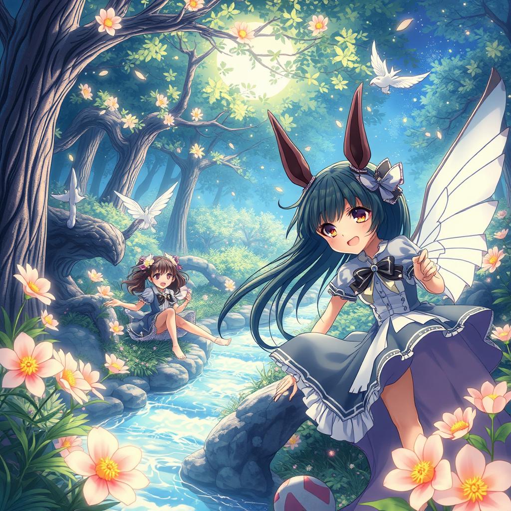 A vivid illustration depicting a fantastical scene from a mature anime-style world, featuring enchanting characters with striking features and dynamic poses