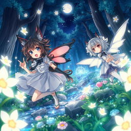 A vivid illustration depicting a fantastical scene from a mature anime-style world, featuring enchanting characters with striking features and dynamic poses