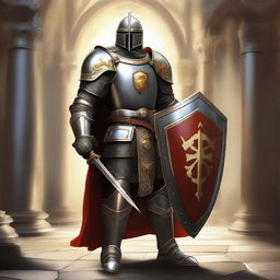 A digital art image of a crusader paladin in full armor, standing tall and imposing