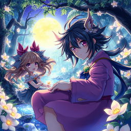 A vivid illustration depicting a fantastical scene from a mature anime-style world, featuring enchanting characters with striking features and dynamic poses