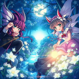 A vivid illustration depicting a fantastical scene from a mature anime-style world, featuring enchanting characters with striking features and dynamic poses