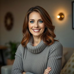 A woman aged 30 to 45, with beautiful chestnut brown hair and distinct European features, dressed in a cozy and fashionable sweater