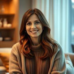 A woman aged 30 to 45, with beautiful chestnut brown hair and distinct European features, dressed in a cozy and fashionable sweater