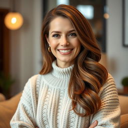 A woman aged 30 to 45, with beautiful chestnut brown hair and distinct European features, dressed in a cozy and fashionable sweater