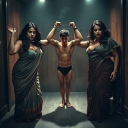 An intense interrogation room scene featuring two beautiful, curvy women, dressed in seductive sarees that showcase their ample figures, including busty chests and wide hips