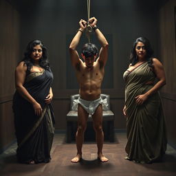 An intense interrogation room scene featuring two beautiful, curvy women, dressed in seductive sarees that showcase their ample figures, including busty chests and wide hips
