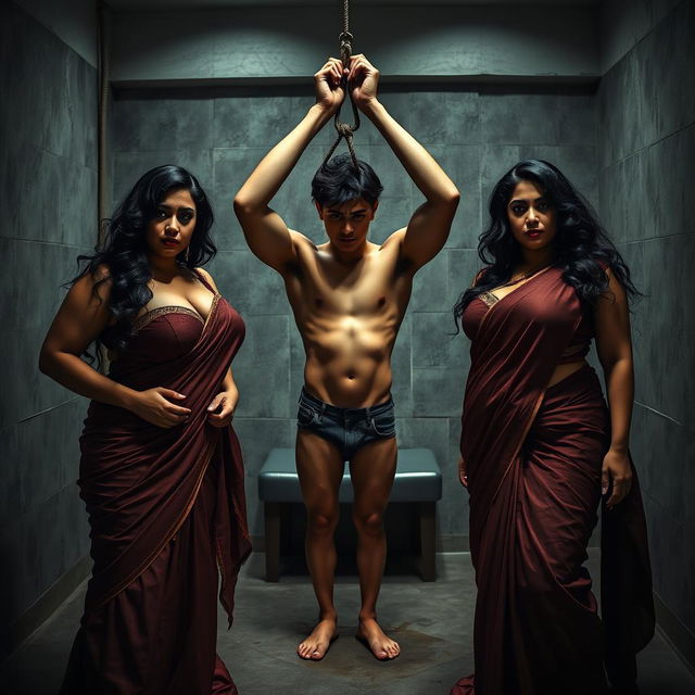 An intense interrogation room scene featuring two beautiful, curvy women, dressed in seductive sarees that showcase their ample figures, including busty chests and wide hips